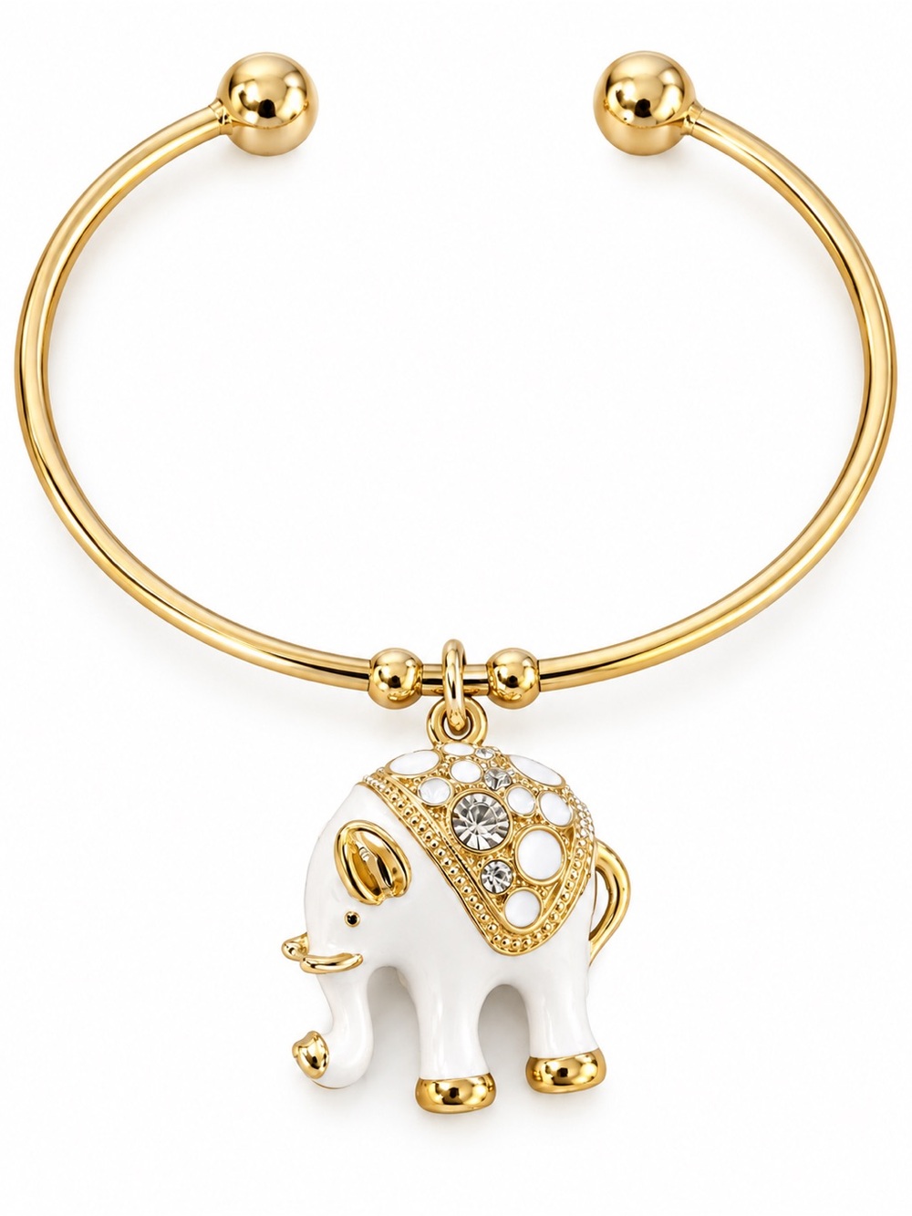 Gold Tone White Enamel Elephant Charm Cuff Bracelet Rhinestone Statement Jewelry